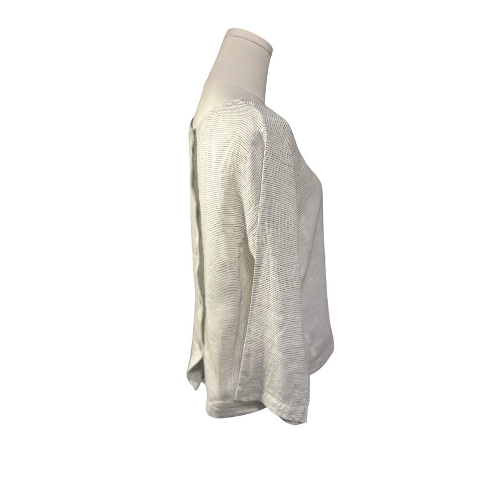 Tahari 100% Linen Striped Top Button Back Coastal Minimalist